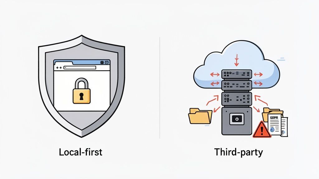Visual comparing local-first secure browser data with a padlock icon versus third-party cloud data storage and GDPR documents.