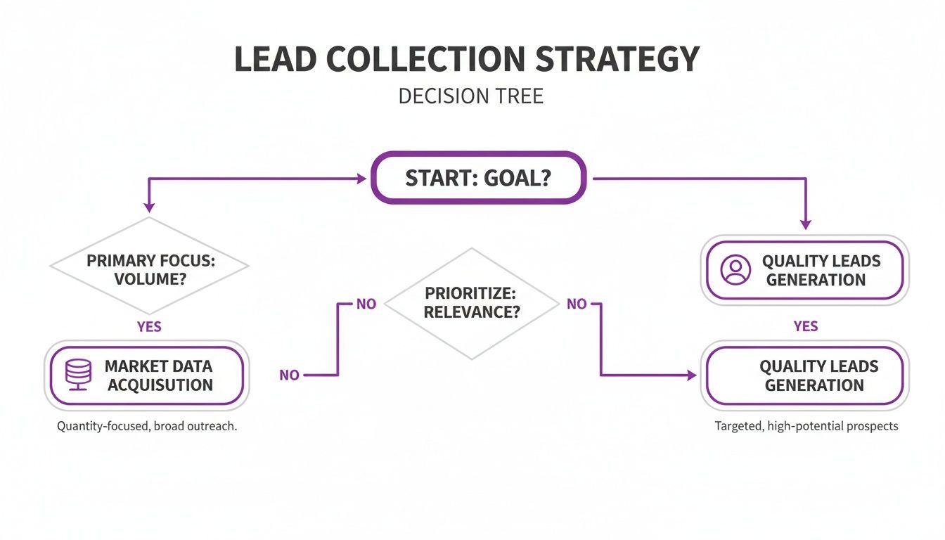 Flowchart outlining lead collection strategies, distinguishing between volume-focused acquisition and quality lead generation.