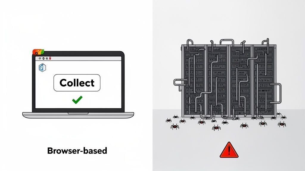 Visual comparison of browser-based data collection with a green checkmark versus server scraping with a warning sign and robots.