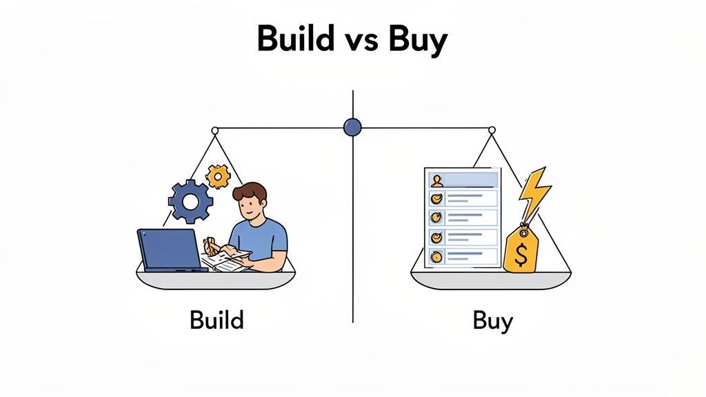 An illustration comparing 'Build vs Buy' options, showing custom development versus purchasing ready-made solutions.