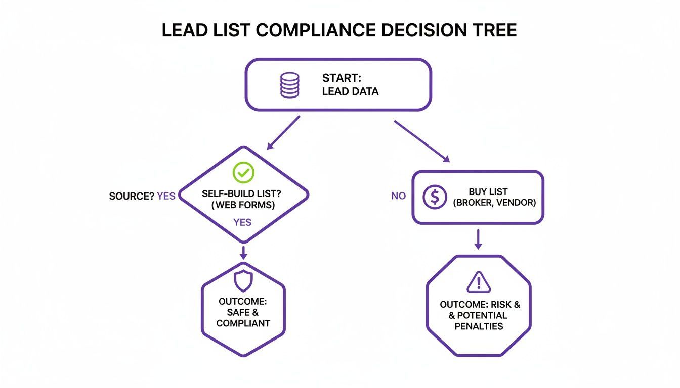 A decision tree for lead list compliance, showing self-build lists are safe and purchased lists pose risks.