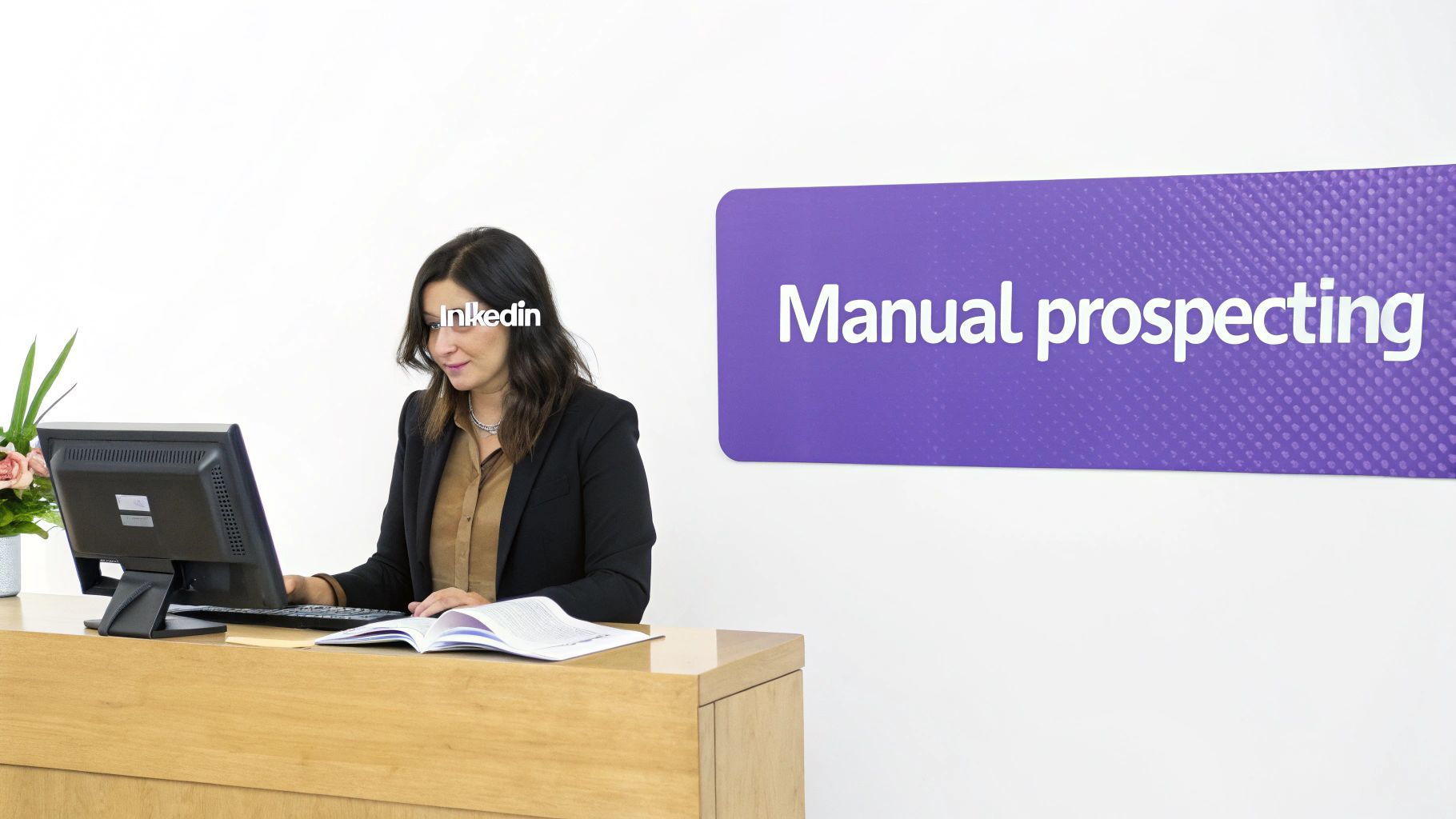 A sales professional looking stressed while working on a laptop with multiple tabs open, representing the manual grind of prospecting.