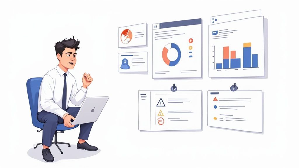 Businessman analyzing data on a laptop with multiple floating screens showing charts and warnings.