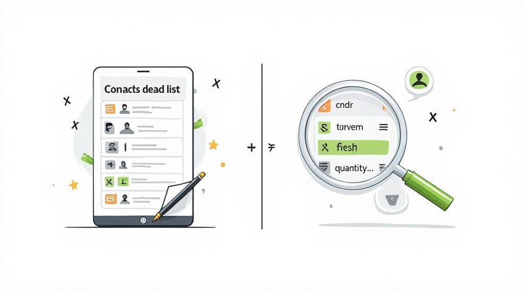 An illustration of a smartphone with a 'dead list' of contacts and a magnifying glass searching for 'fresh' leads.