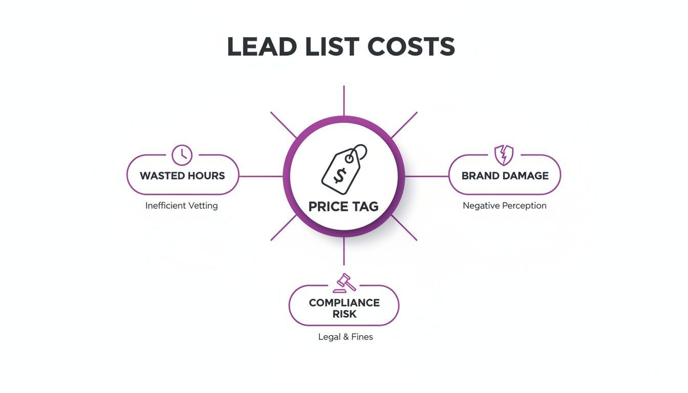 An infographic detailing lead list costs: wasted hours from inefficient vetting, brand damage from negative perception, and compliance risk leading to legal and fines, all originating from the 'price tag'.