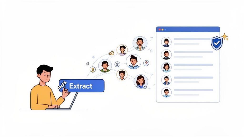 A person uses a laptop to extract user profiles, creating a secure, verified contact list.
