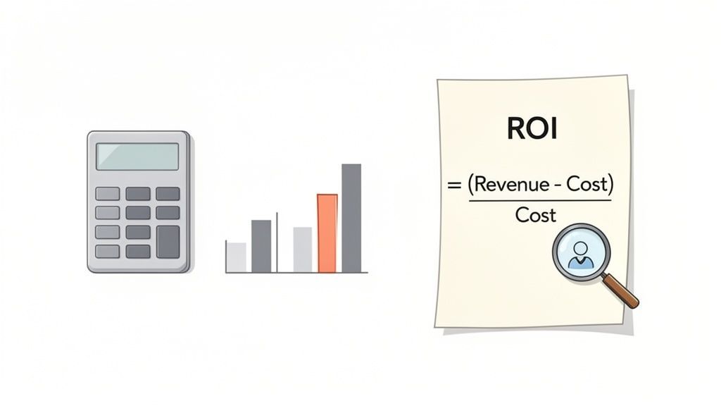 A calculator, a bar chart, and the ROI formula for calculating return on investment, emphasizing financial analysis.