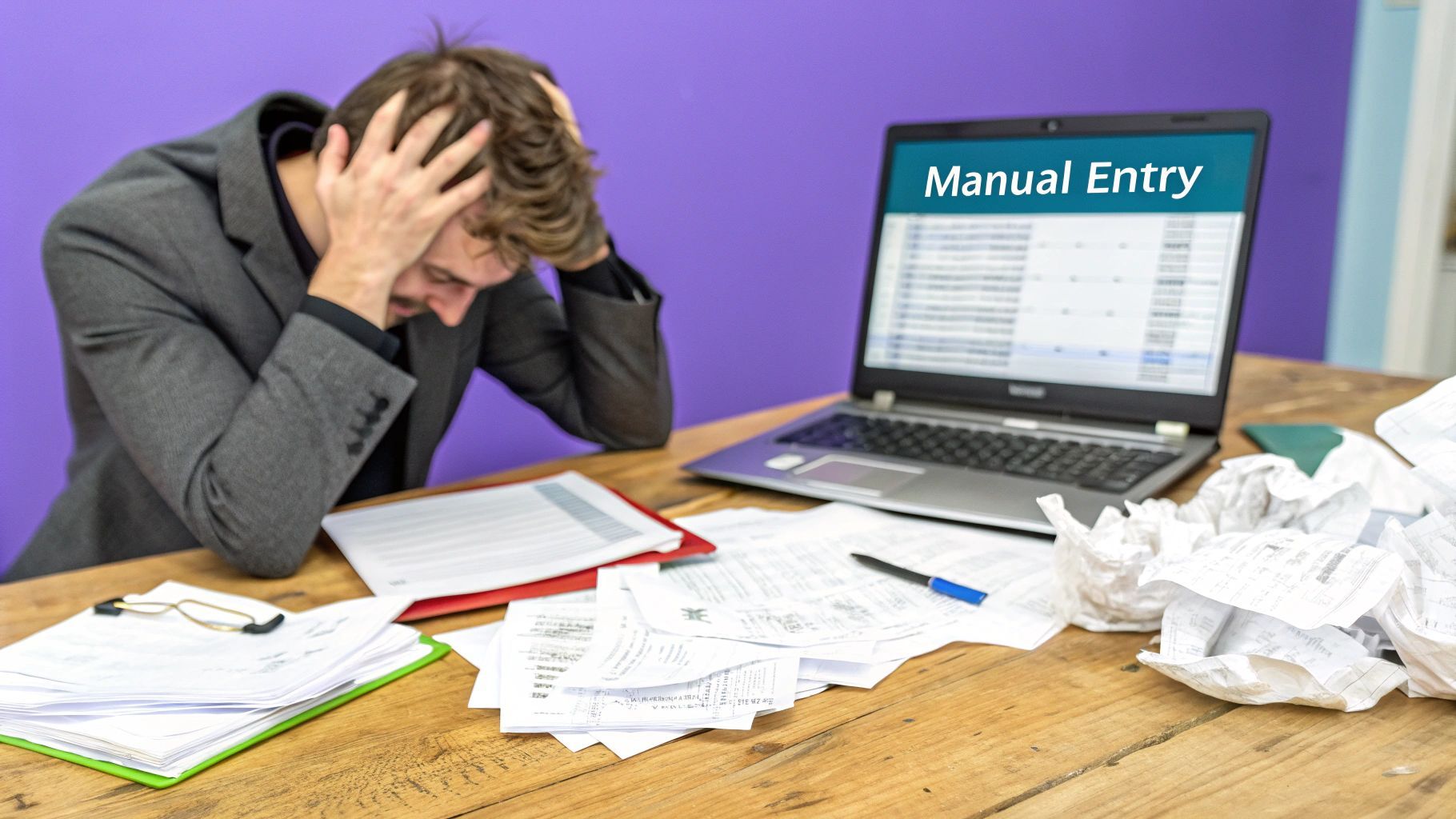 A person looking frustrated while working on a laptop with messy spreadsheets.
