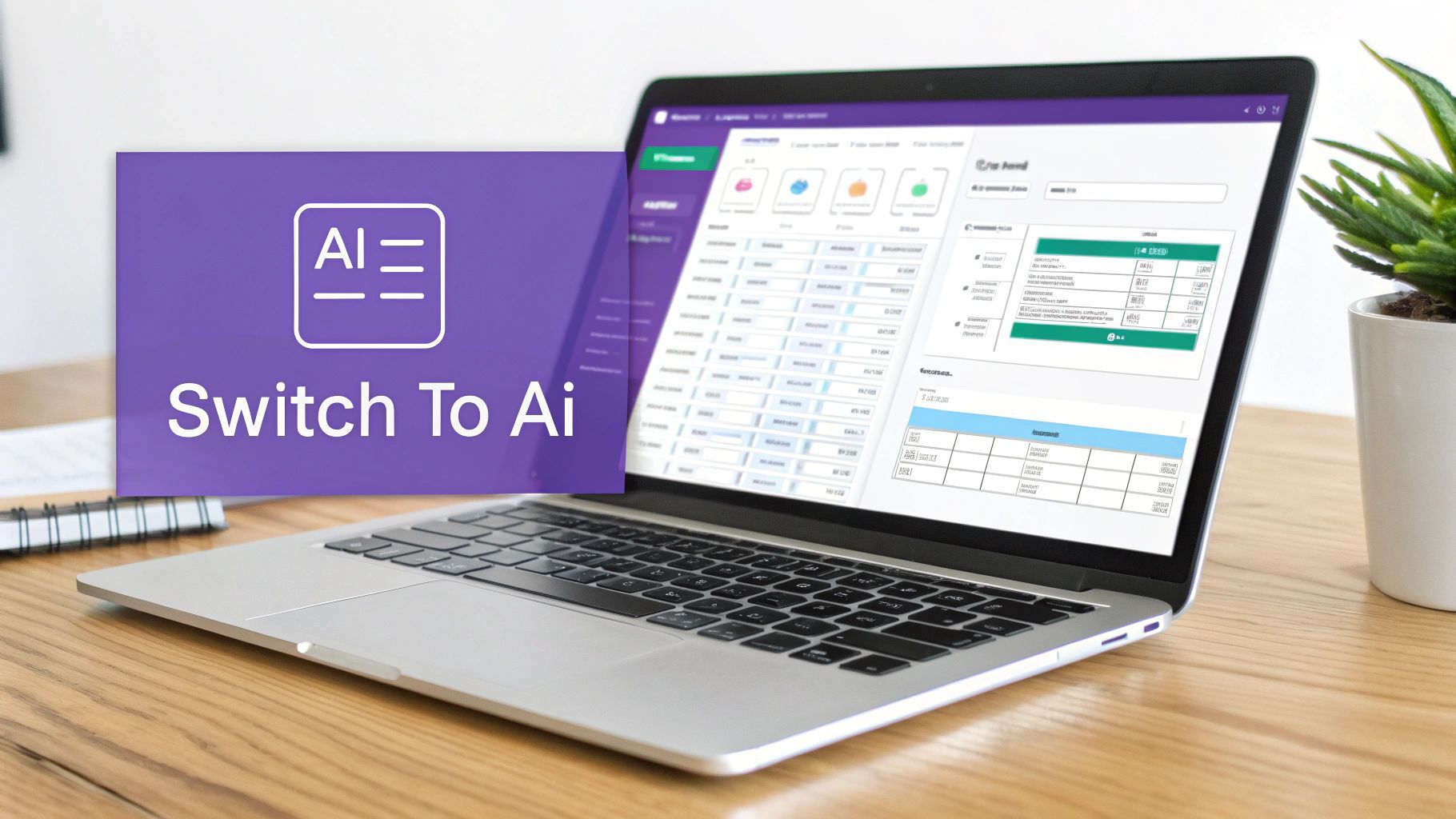 A laptop displaying data management software with a purple overlay prompting 'Switch To Ai' on a wooden desk.