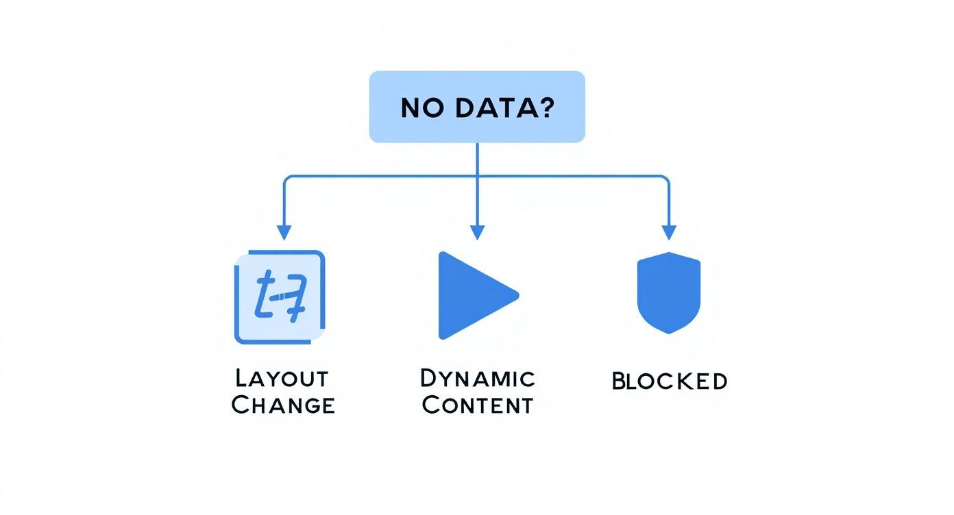 Flowchart exploring what happens when there is no data, showing outcomes like layout changes, dynamic content, and blocked.