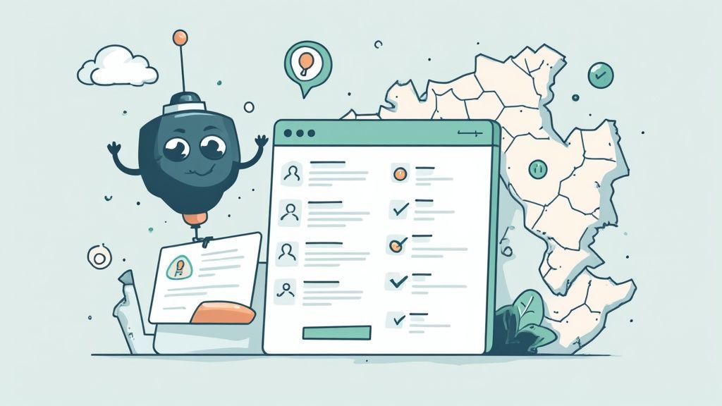 A friendly data miner bot processes user data on a web interface next to a regional map.