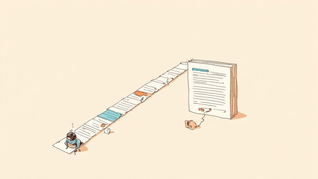 A tired person climbs a long ramp of documents towards a large stack of papers.