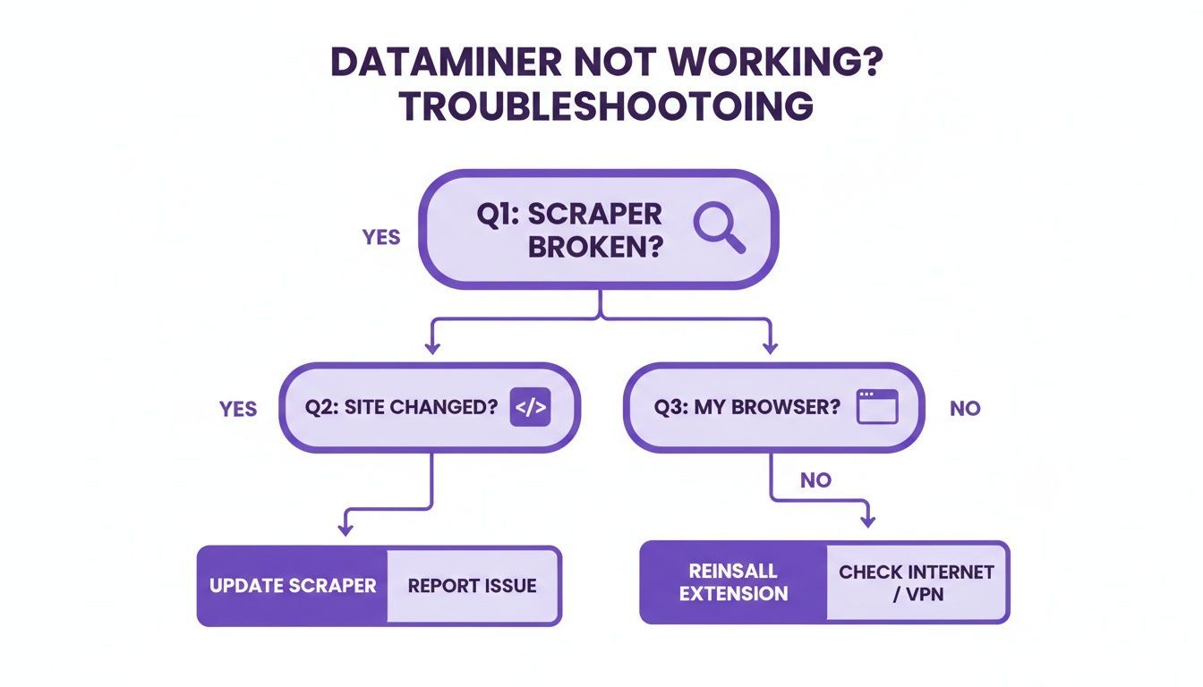 A flowchart for DataMiner troubleshooting, guiding users through scraper, site, browser, and internet connection checks.