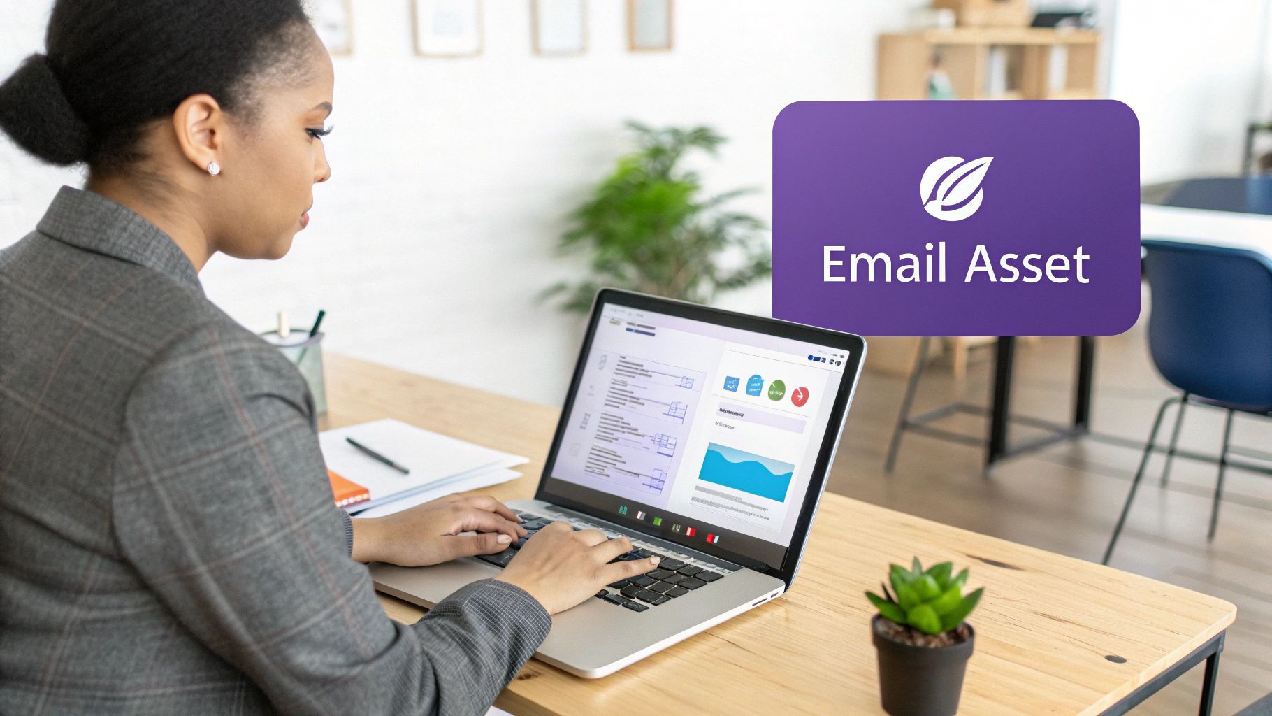 A professional woman analyzes marketing data on her laptop, illustrating the strategic value of an email list.