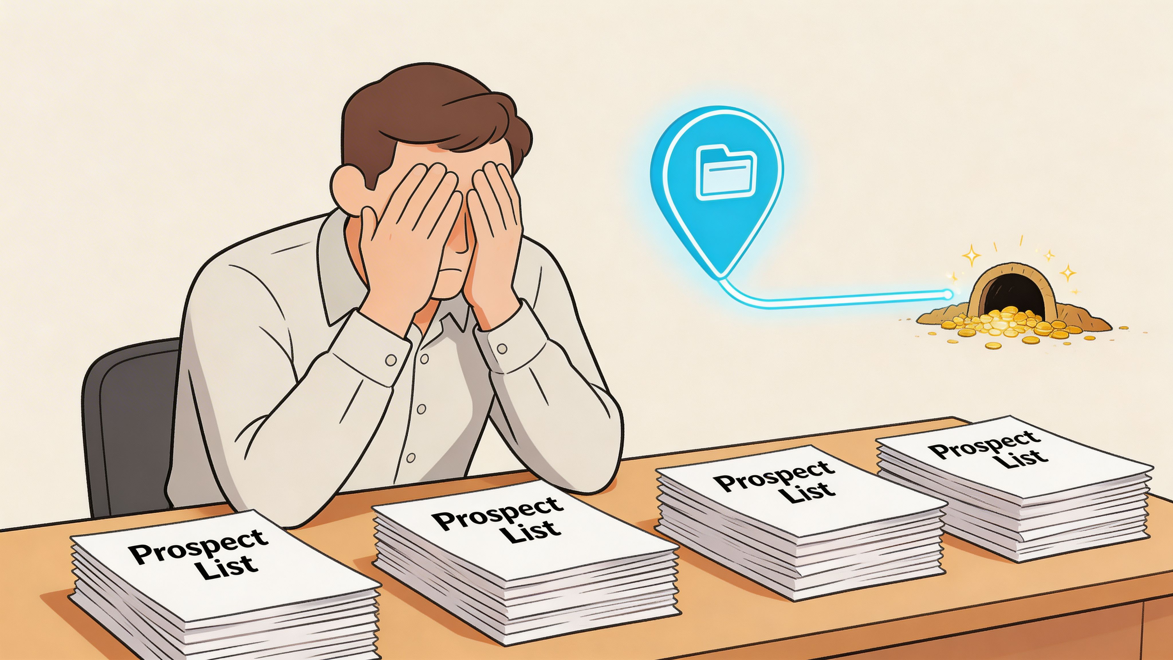A stressed man sitting at a desk with many stacks of prospect lists and a treasure map icon.