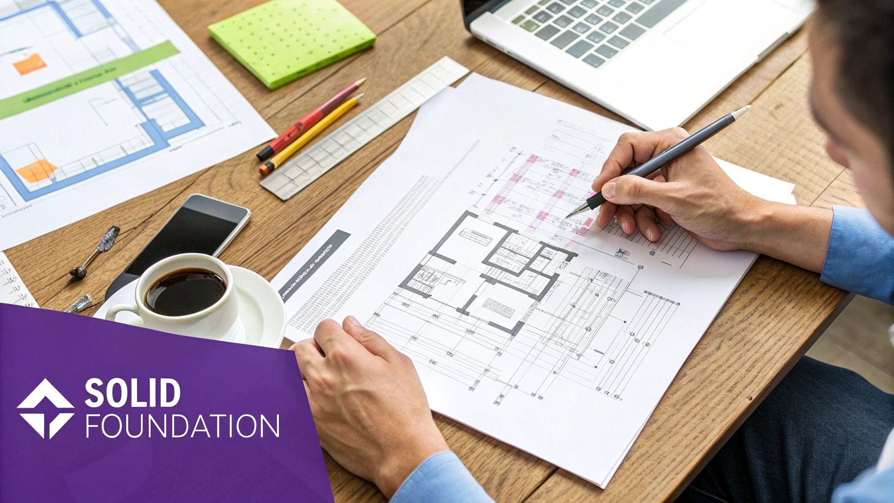 A digital illustration of architectural blueprints and tools, symbolizing the planning phase of building an email list.