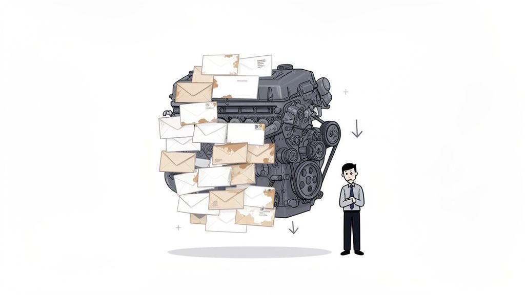 A worried man looks at a car engine overloaded with a massive pile of emails.