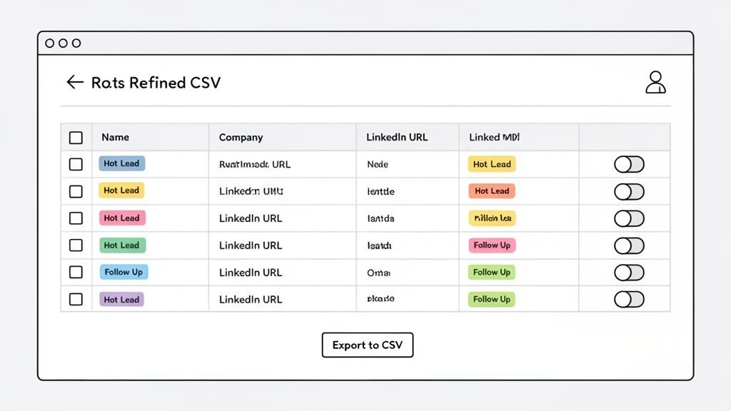 A user interface displaying refined search results in a table with an 'Export to CSV' button.