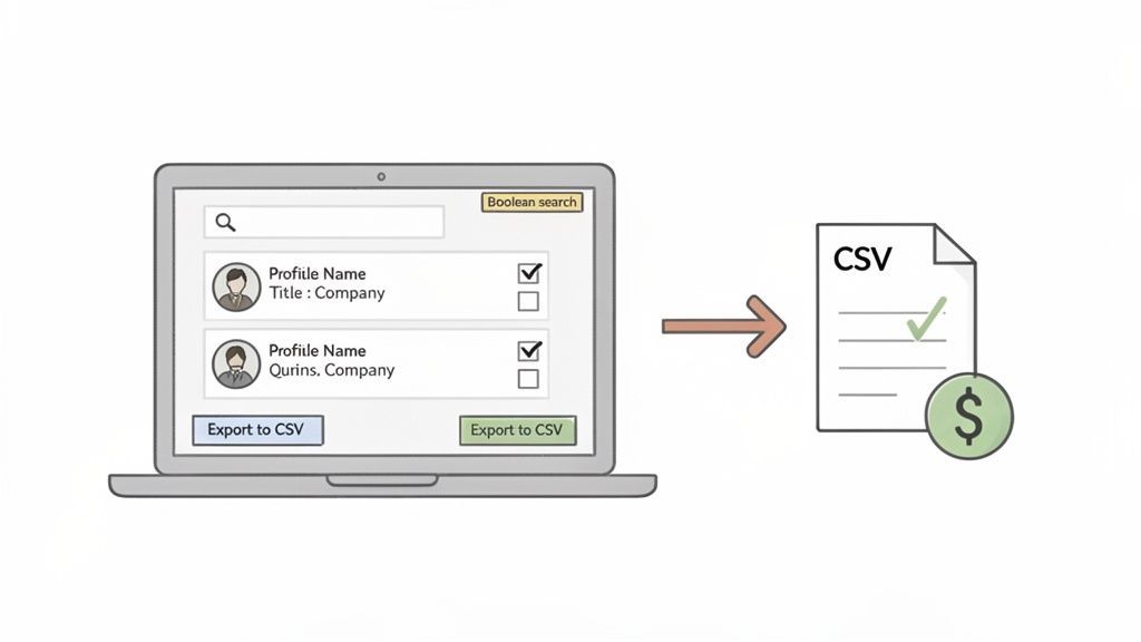 Laptop displaying Boolean search results with profiles and 'Export to CSV' buttons, pointing to a CSV file and dollar sign.
