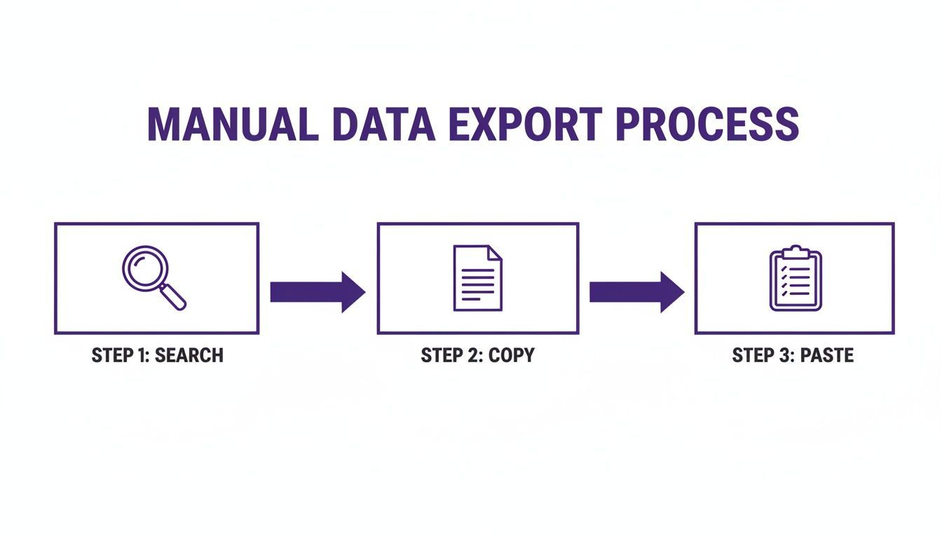 A diagram shows the manual data export process with three steps: search, copy, and paste.
