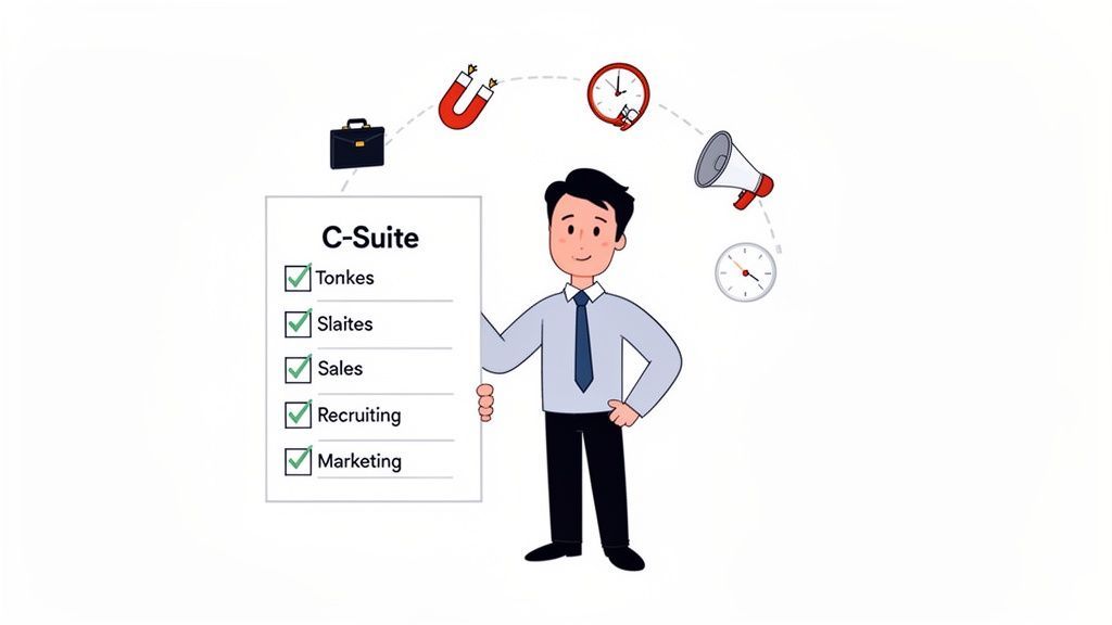 An illustration of a businessman holding a C-Suite checklist with various business icons.