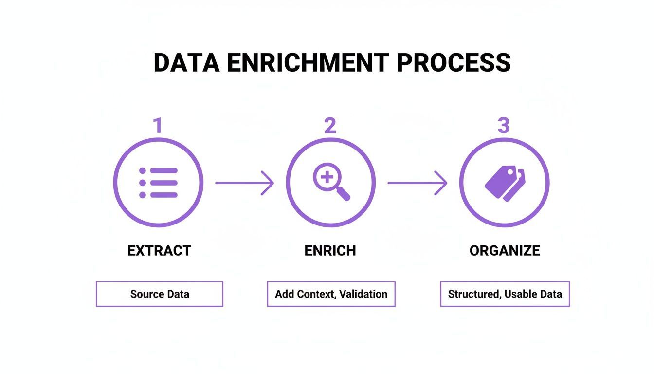 A diagram illustrates the three-step data enrichment process: Extract, Enrich, and Organize.