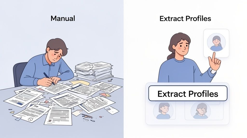Image contrasting manual data entry with automated digital profile extraction for efficiency and ease.