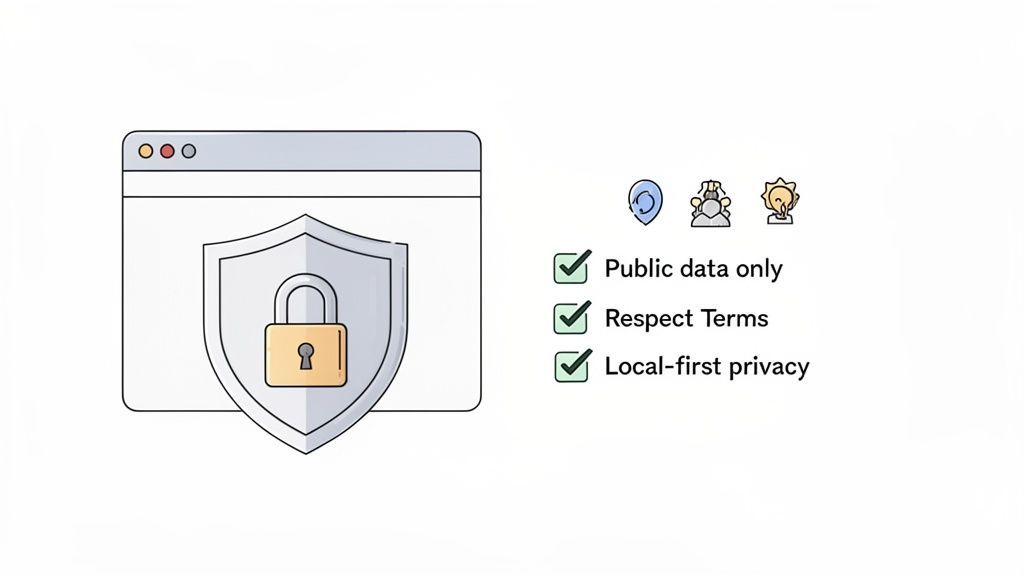 A browser window with a security shield and padlock, next to a checklist detailing privacy principles.