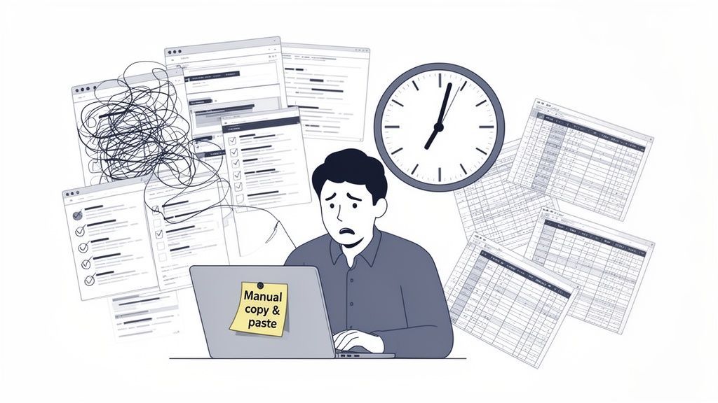 A stressed man on a laptop with a 'Manual copy & paste' note, surrounded by numerous disorganized computer windows and a clock, illustrating overwhelming tasks and time pressure.