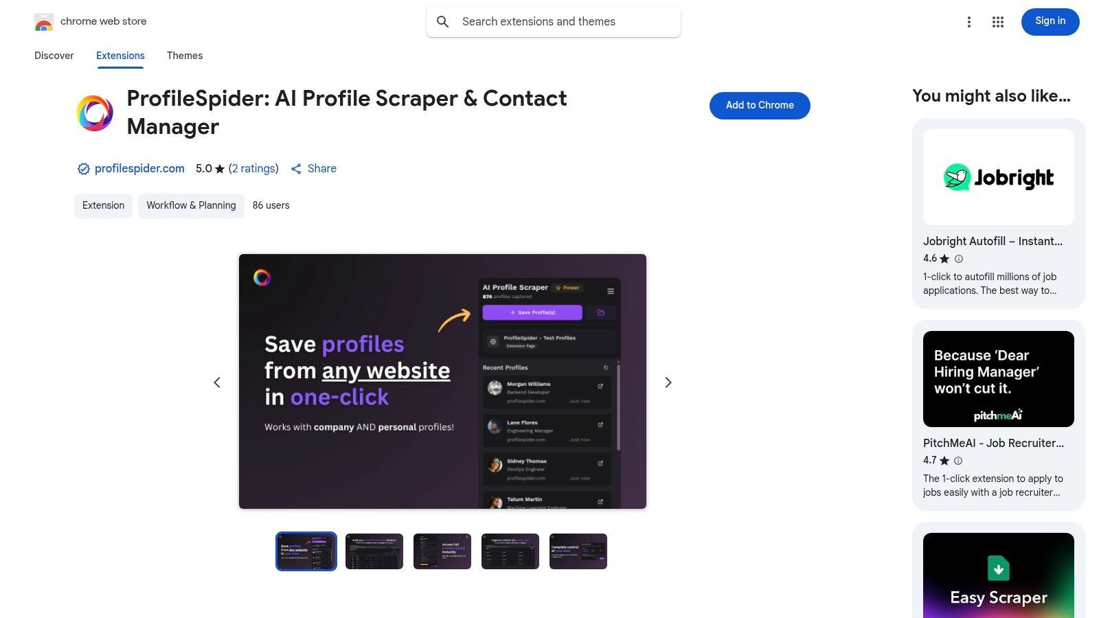 ProfileSpider — Chrome Web Store listing