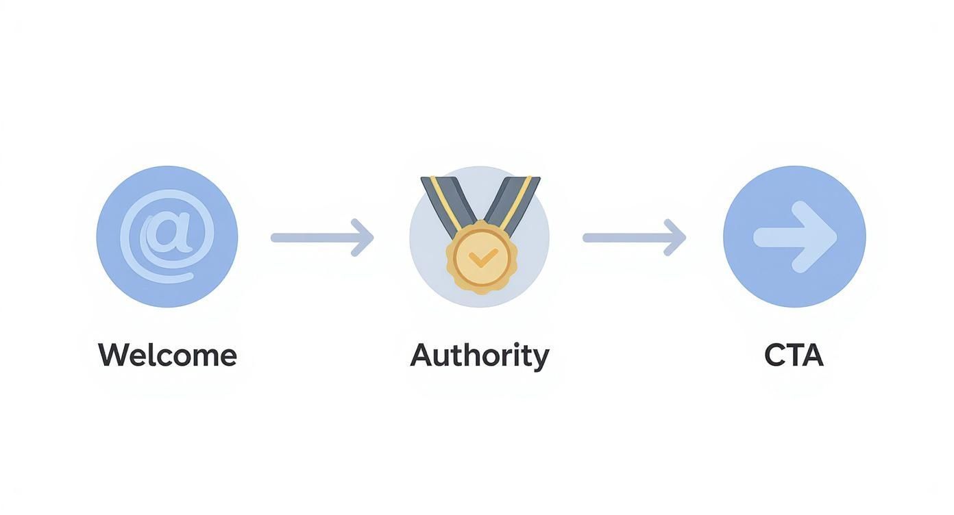 Infographic showing the process flow of an automated welcome sequence with three steps: Welcome, Authority, and CTA.