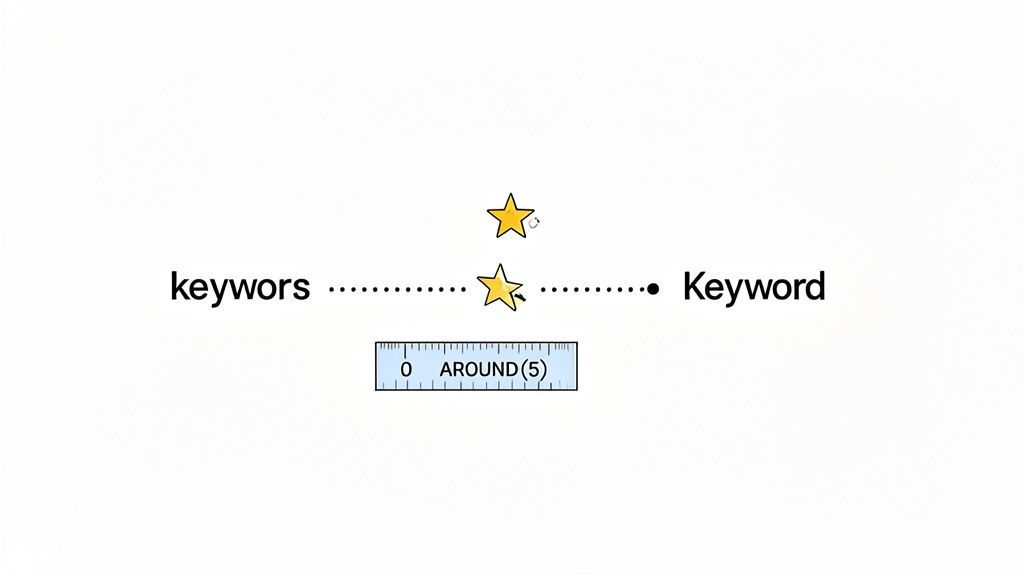 Illustration showing two keywords, 'keywors' and 'Keyword', connected by a dotted line with an 'AROUND (5)' ruler below, indicating proximity search.