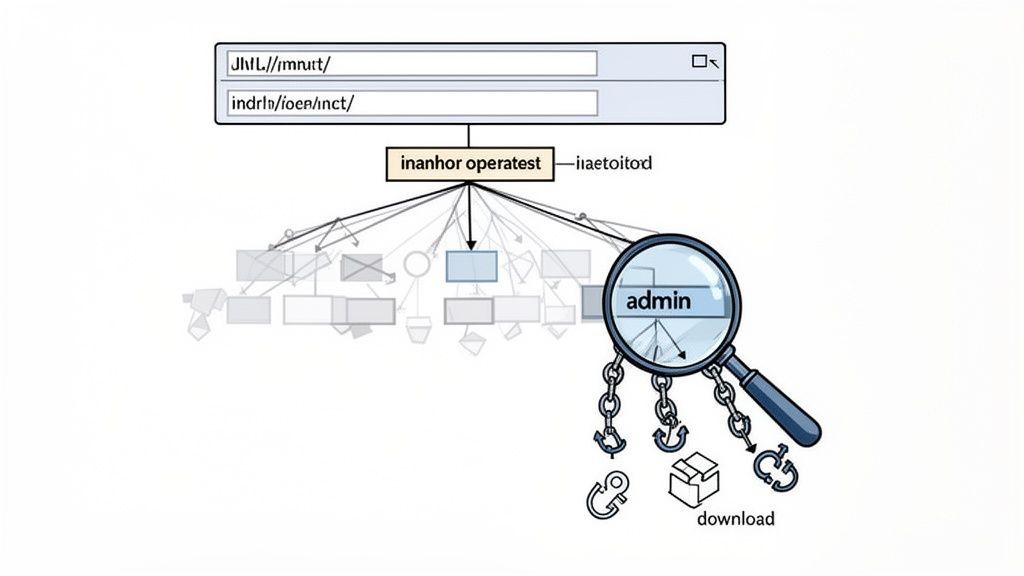 A diagram illustrates a search interface, central node, and an 'admin' magnifying glass with download, refresh, and link icons.