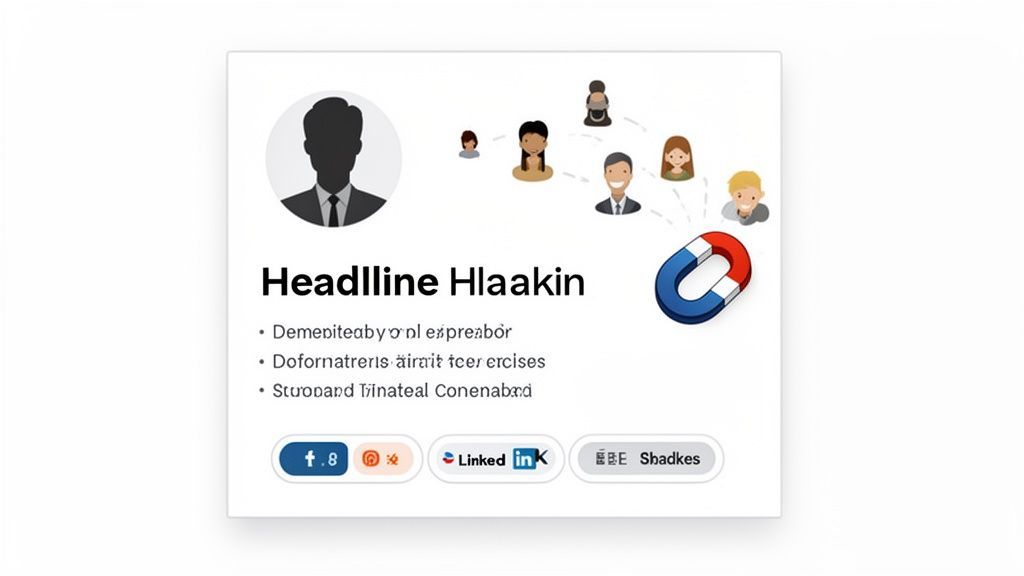 A LinkedIn profile card displaying a person's headline, bullet points, social media links, and a magnet attracting connections.