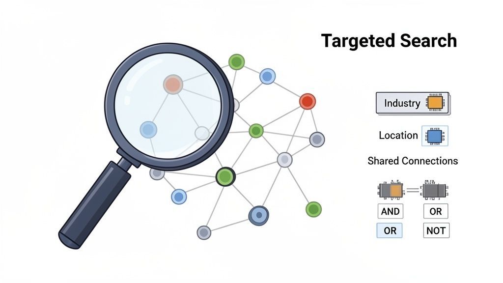 A magnifying glass highlights specific nodes in a network, illustrating targeted search using various filters.