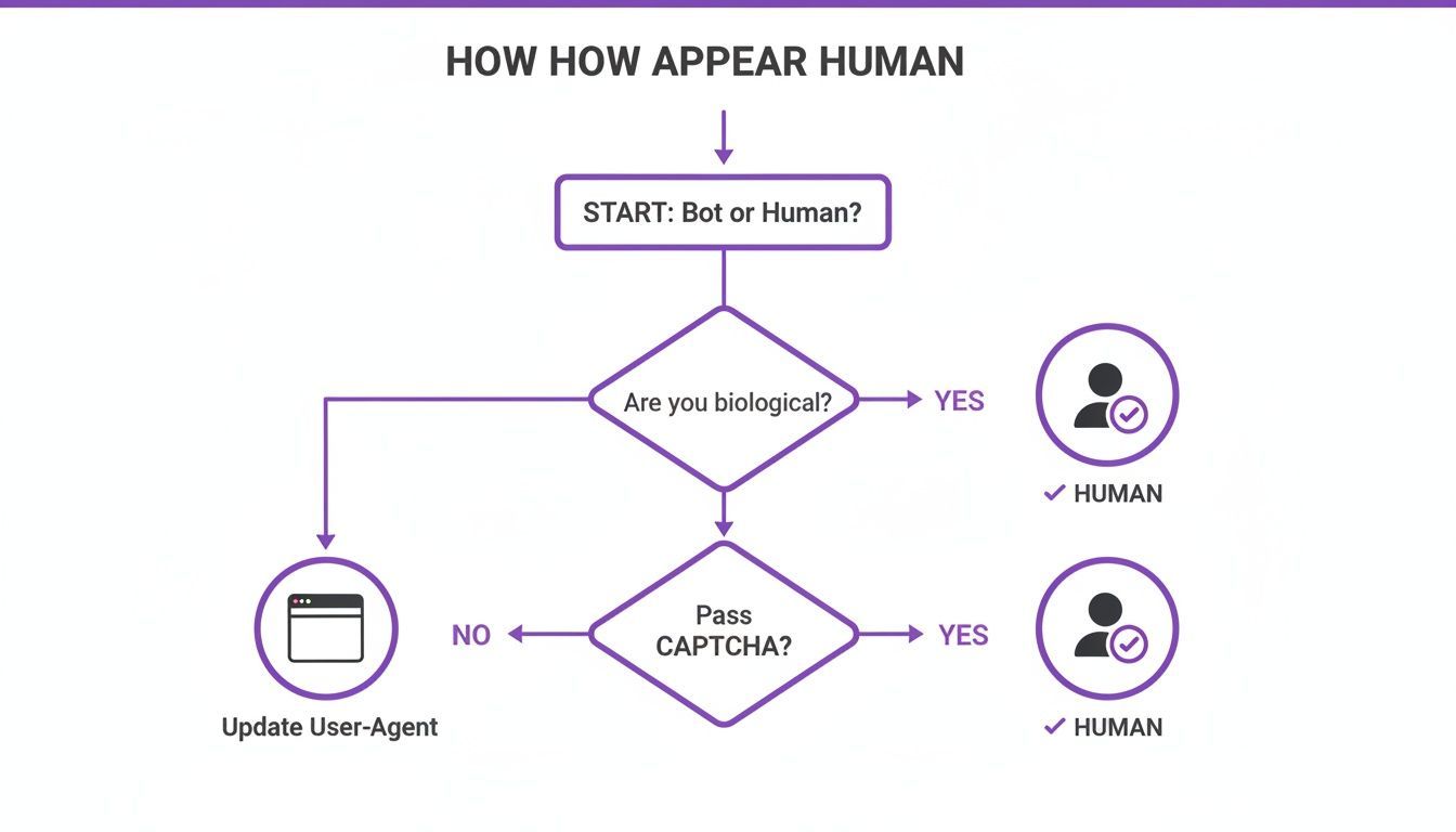 A flowchart showing steps to determine if an entity is a bot or human, with biological checks and CAPTCHA.