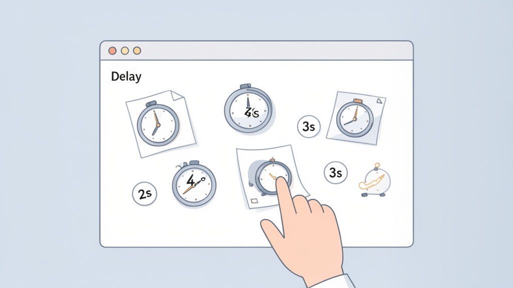 A hand interacts with stopwatches and timers, illustrating 'Delay' concept within a browser window.