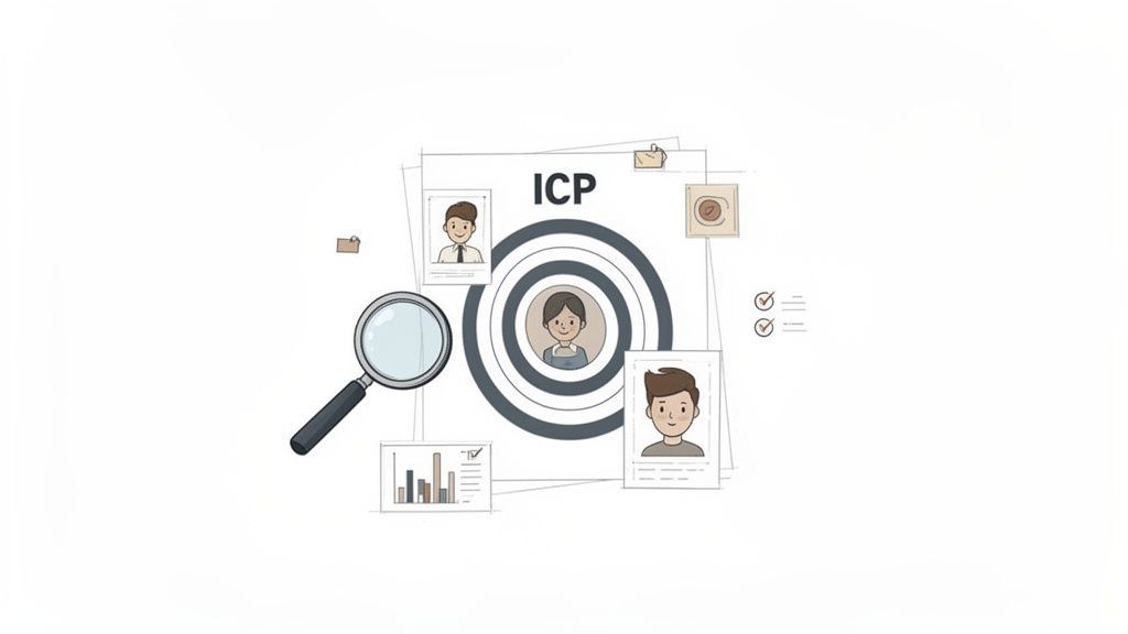 Illustration of Ideal Customer Profile (ICP) identification, with target audience, data, and analysis.