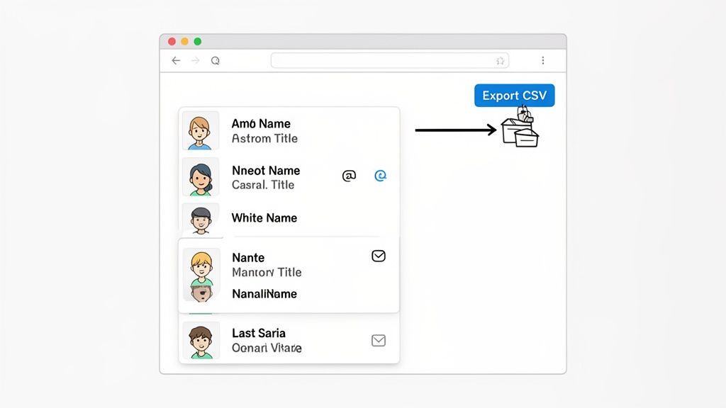 Browser window displaying a contact list with an 'Export CSV' button, symbolizing data export.