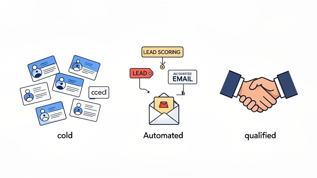 An illustration showing the lead generation process from cold leads to automated nurturing and qualified sales.
