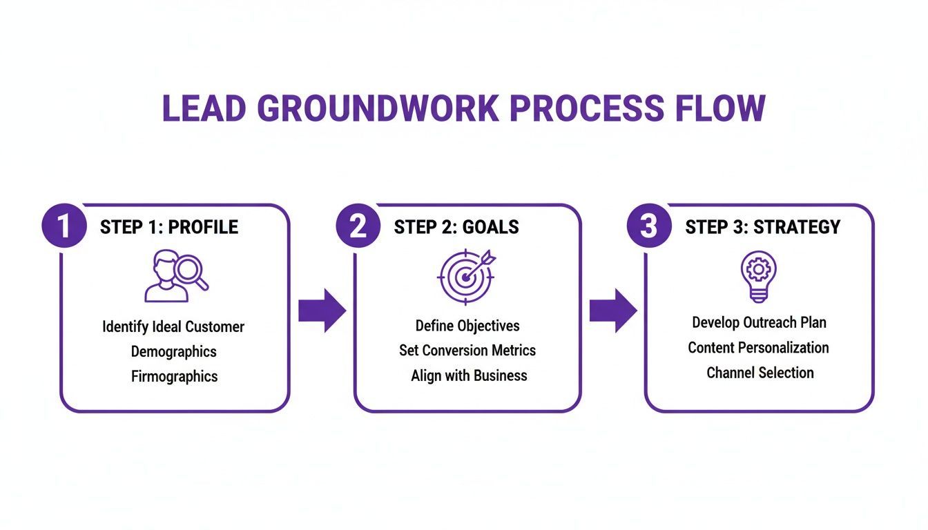 A three-step lead groundwork process flow outlining profile, goals, and strategy for effective lead generation.