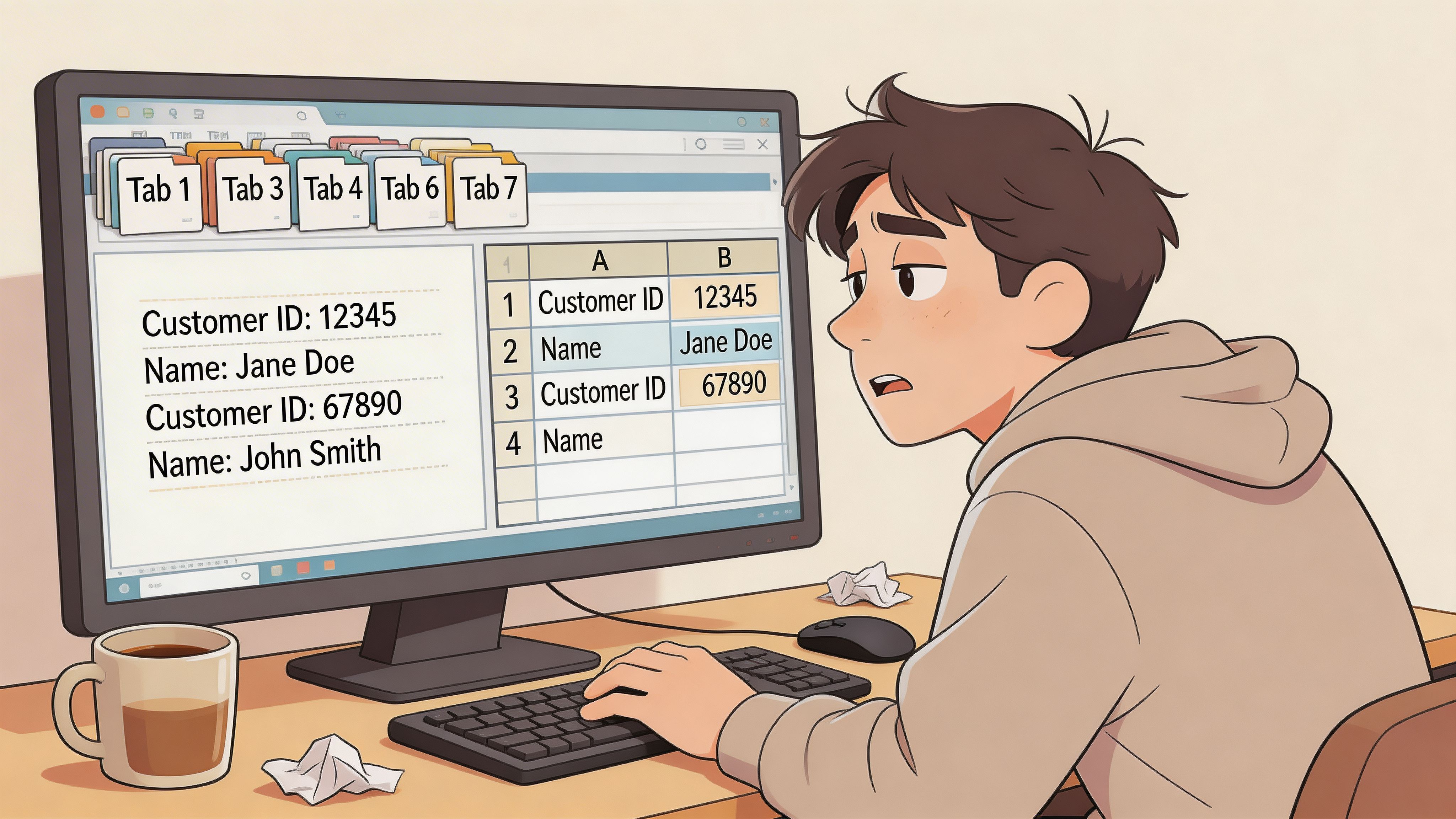 A frustrated person looking at a computer screen displaying data entry work in a browser and spreadsheet.