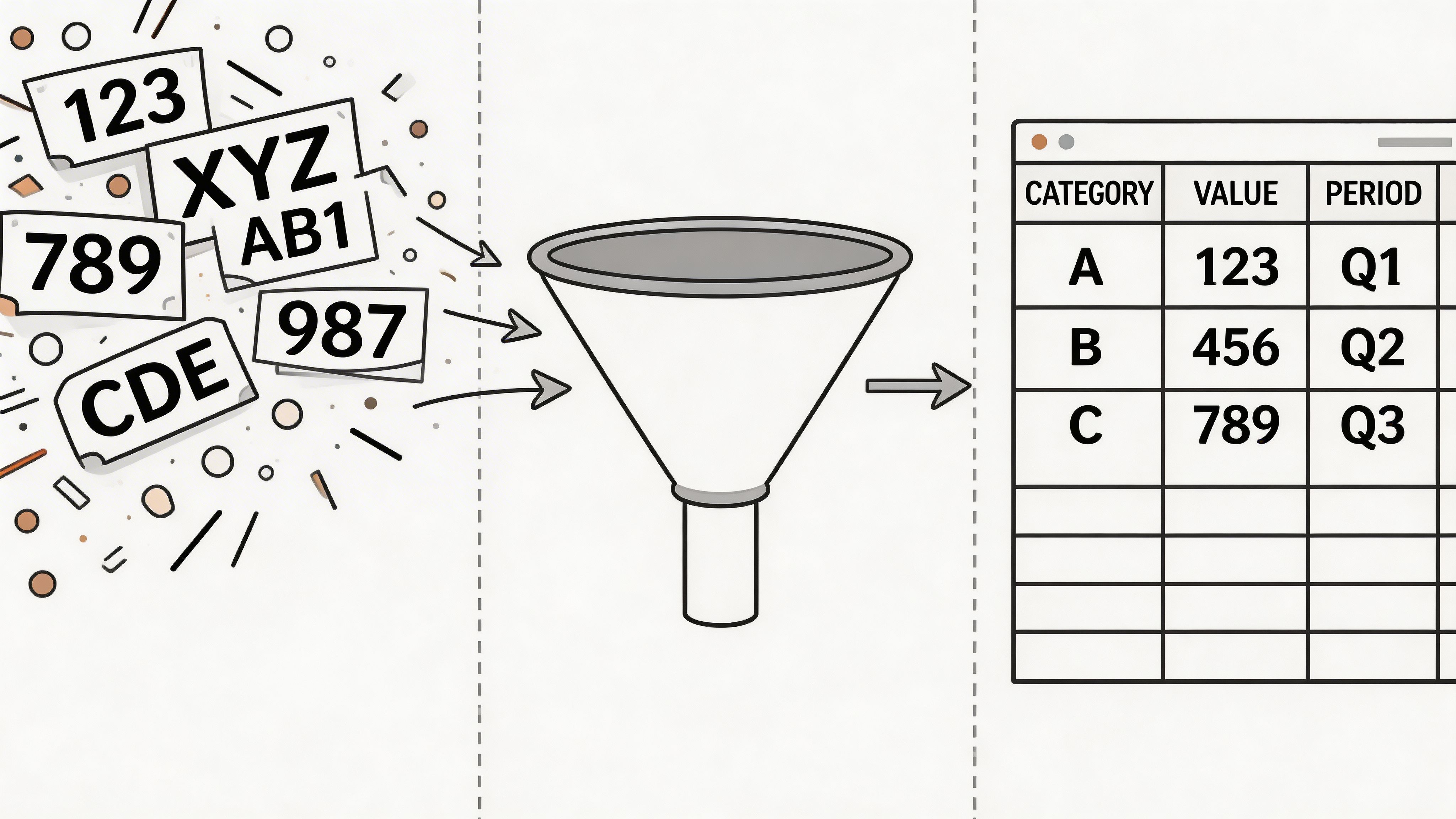 An illustration showing scattered data points being filtered through a funnel into an organized data table.