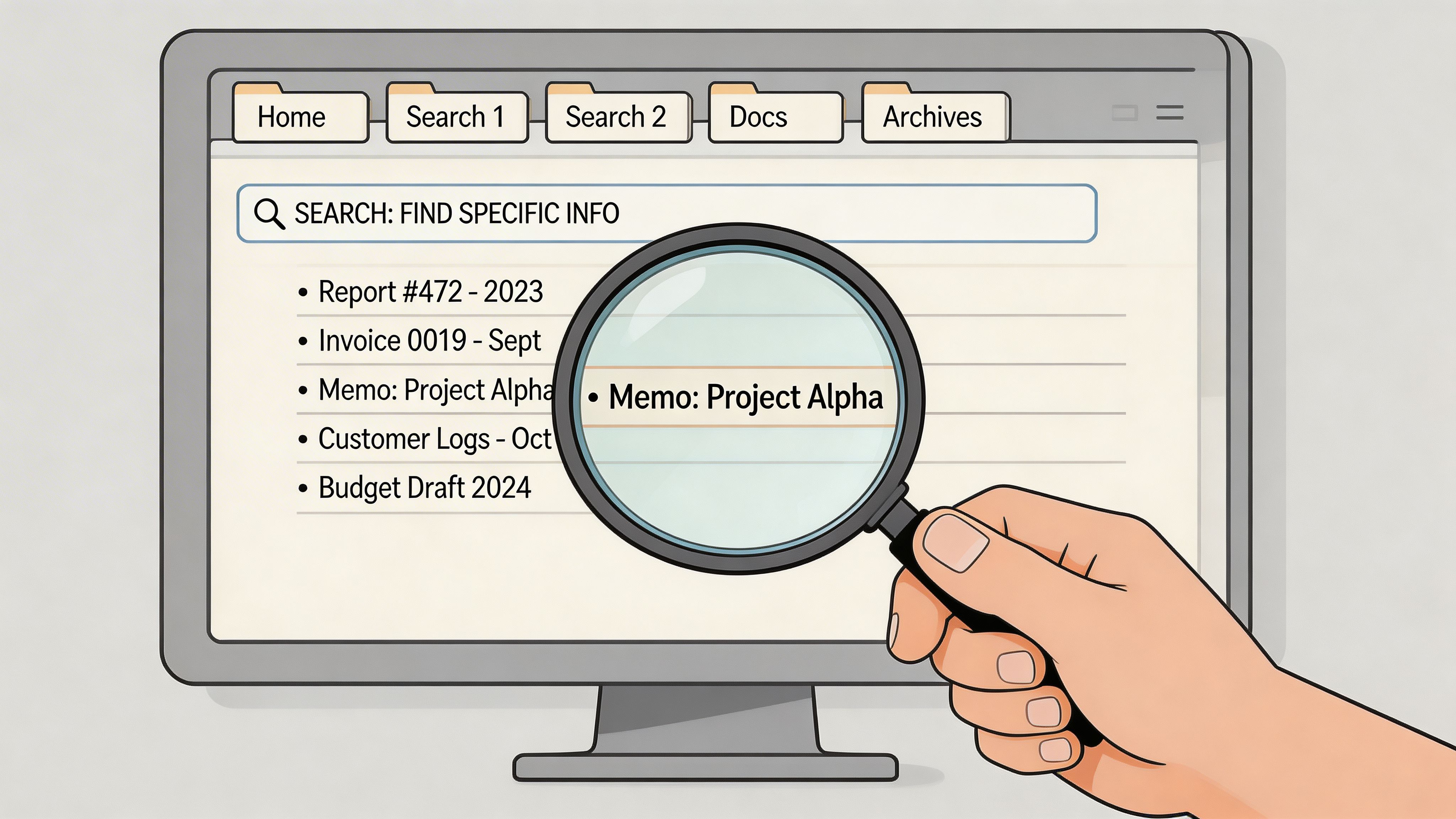 A hand holds a magnifying glass over a computer screen displaying a digital file search result.
