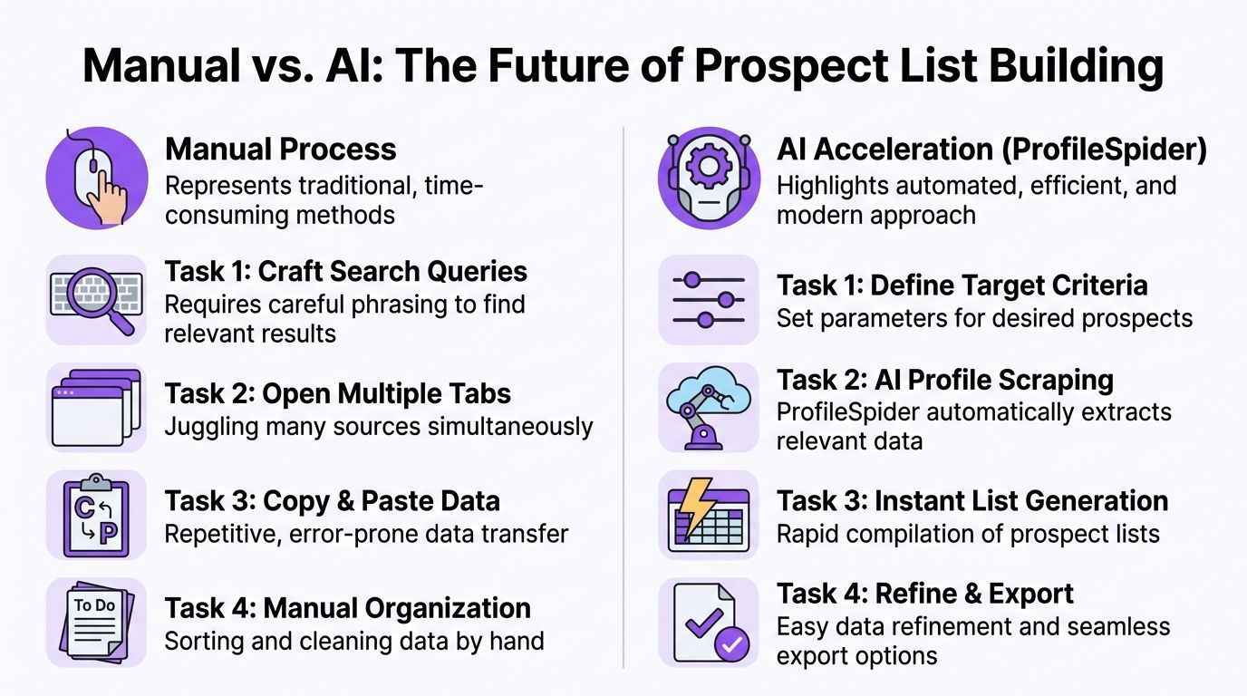 A comparison chart showing the differences between manual prospect list building and AI-automated processes using ProfileSpider.