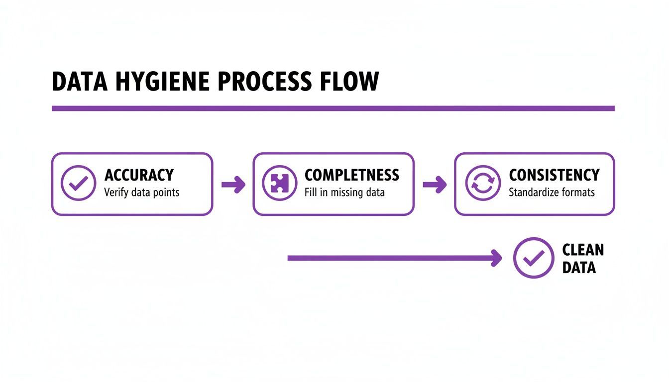 A diagram illustrating the data hygiene process flow: accuracy, completeness, and consistency lead to clean data.