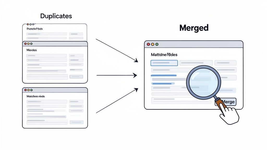 Illustration showing three duplicate data records merging into one consolidated master record.
