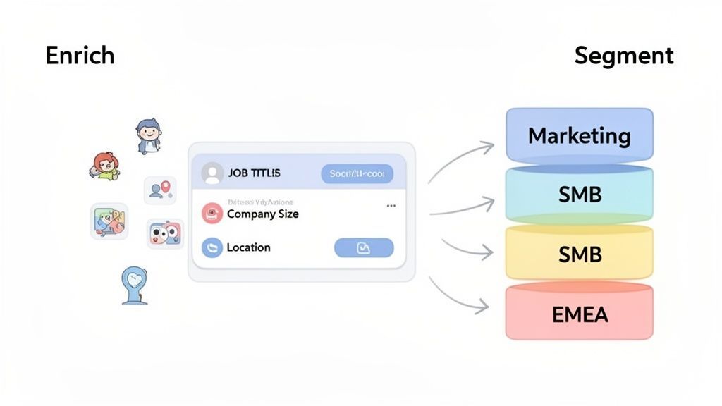 Illustration showing data enrichment and lead segmentation into categories like Marketing, SMB, and EMEA.