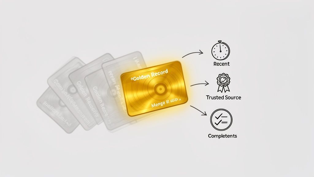 Illustration of a golden record card emphasizing recent, trusted source, and competent data qualities.