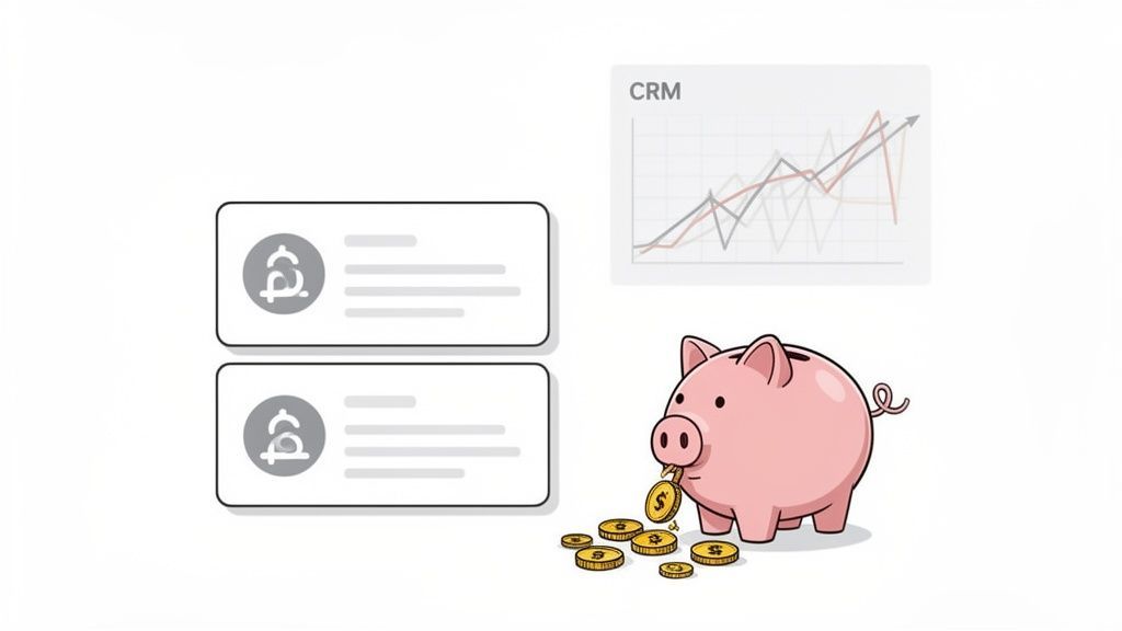 Illustration showing lead data cards, a CRM graph with growth, and a piggy bank accumulating money.